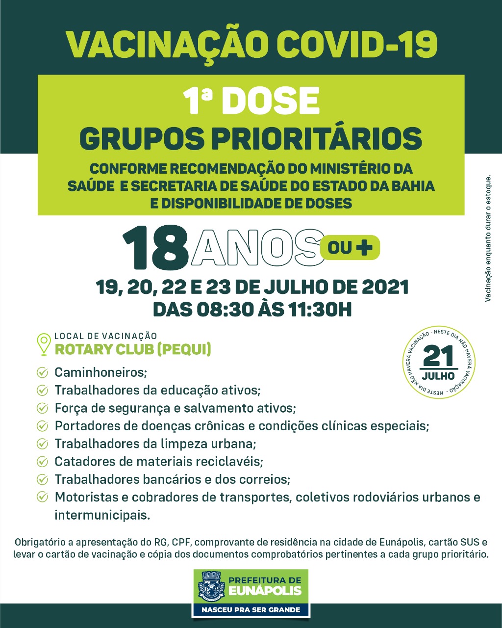 Eunápolis: Cronograma de vacinação contra à Covid-19/ 19 a 23 de Julho/2021 6