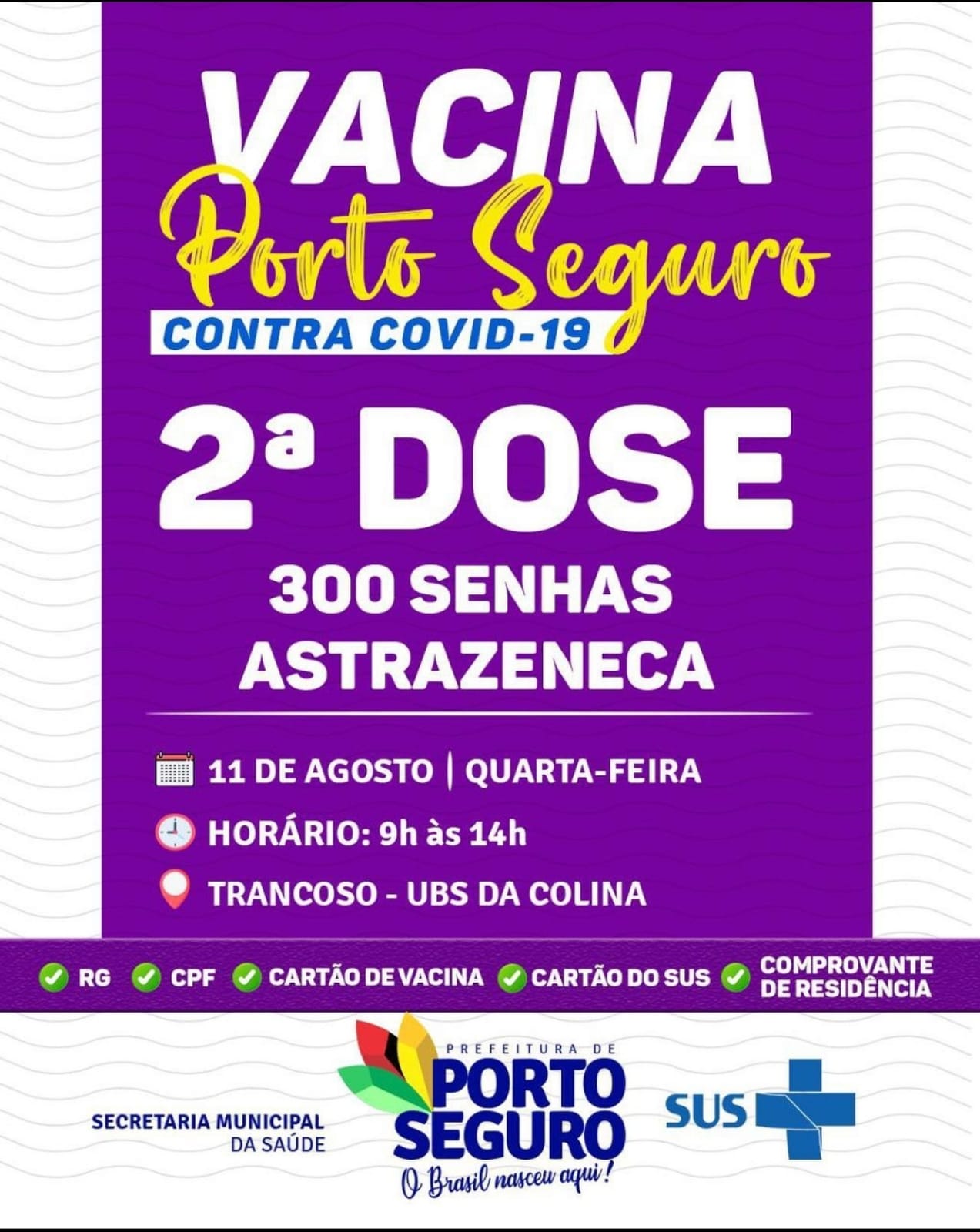 Porto Seguro: Cronograma de Vacinação contra a Covid-19 (de 11 a 12 de agosto) 6