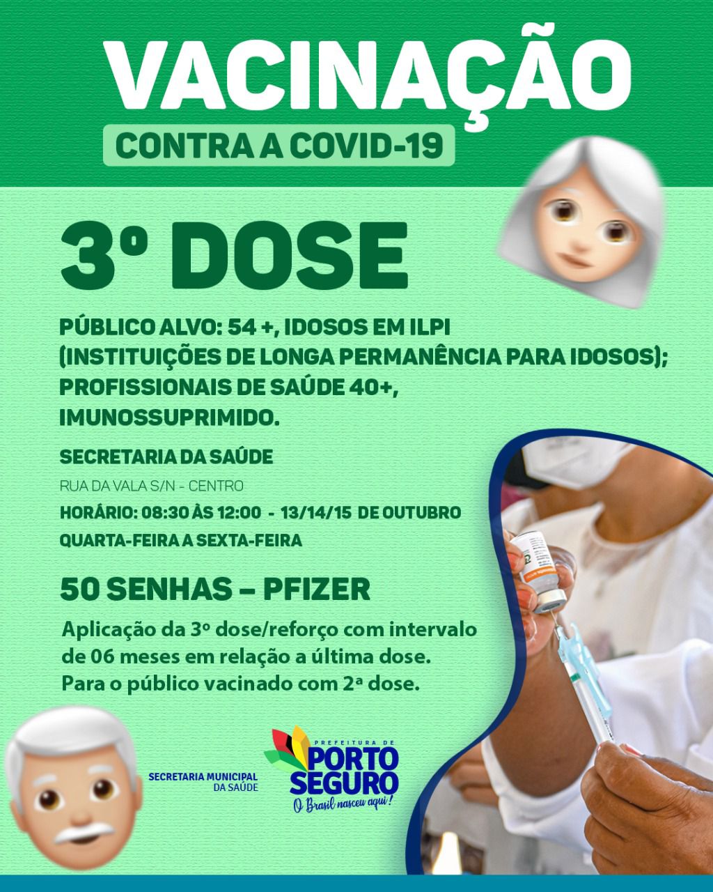 Porto Seguro: Cronograma de Vacinação contra a Covid-19; de 13 a 15/10 8