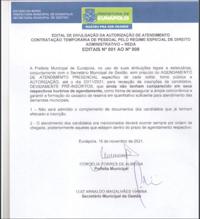 Prefeitura de Eunápolis pública edital autorizando inscrição de candidatos ao REDA que perderam prazo 11
