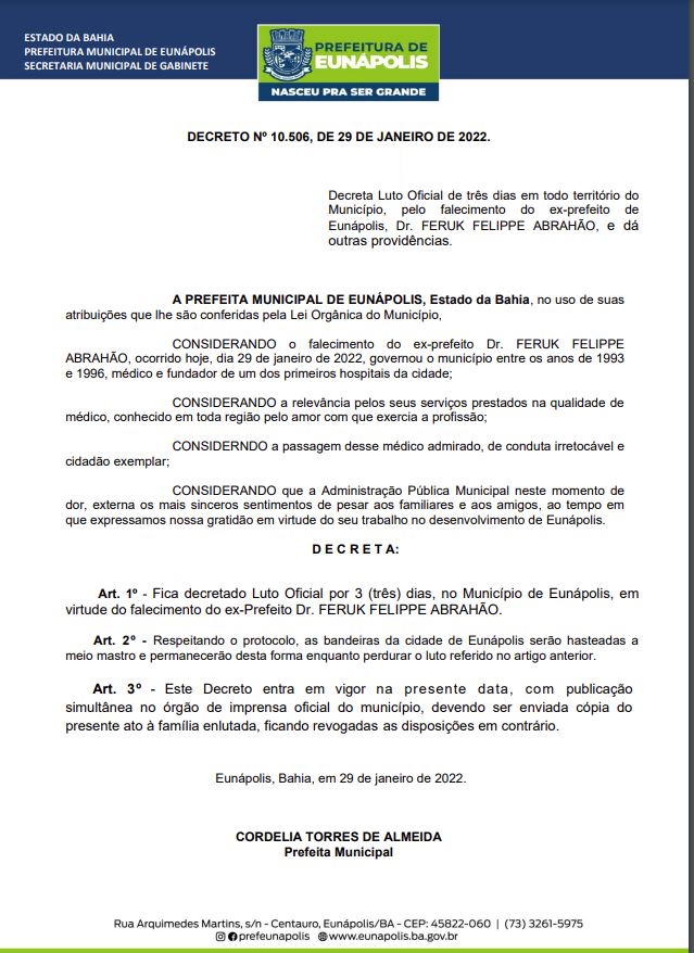 Prefeitura de Eunápolis decreta Luto Oficial de três dias pelo falecimento do ex-prefeito Feruk Abrahão 6