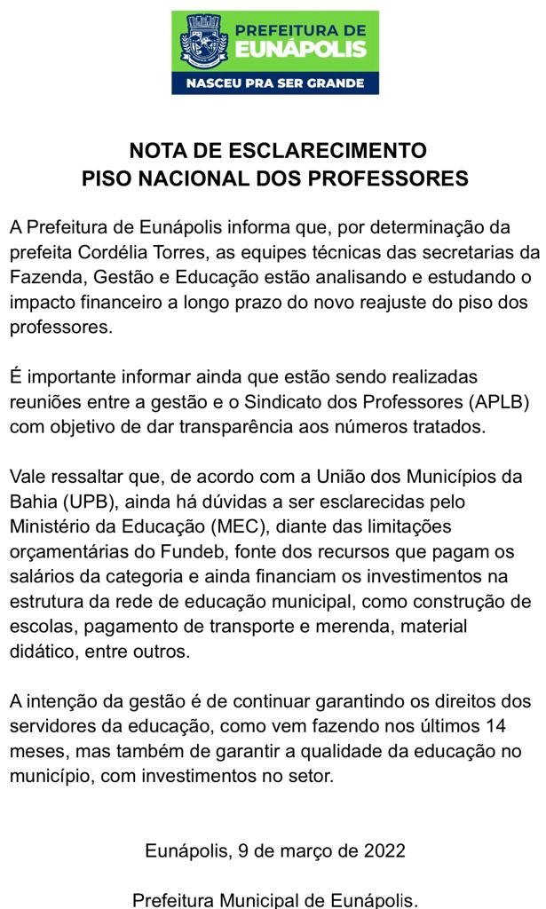 Prefeitura de Eunápolis emite nota de esclarecimento sobre Piso Nacional dos Professores 5