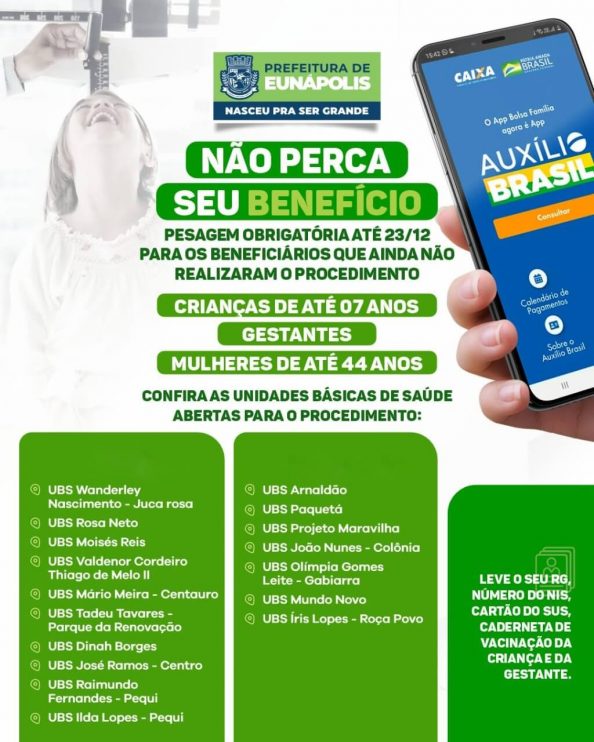 Repescagem: pesagem obrigatória dos beneficiários do Auxílio Brasil deve ser feita até esta sexta-feira 9