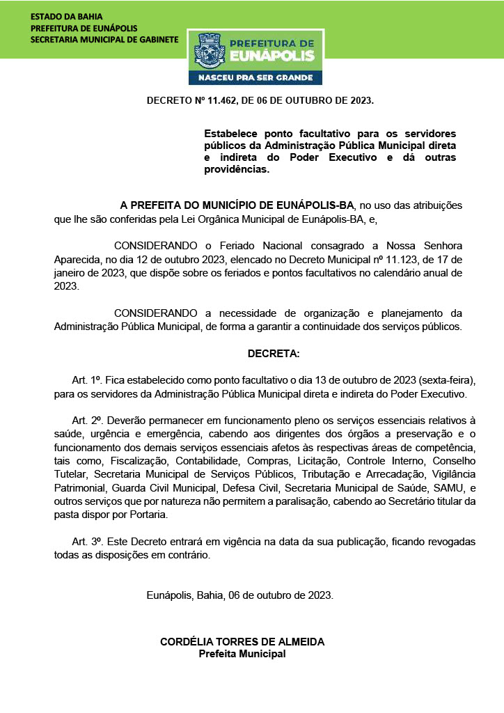 Decreto determina ponto facultativo nas repartições públicas de Eunápolis 5