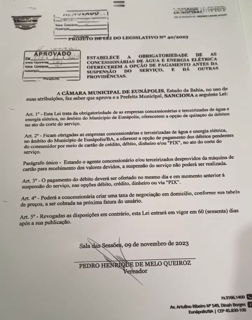 Projeto de lei do vereador Pedro Queiroz de oferecer a opção de pagamento antes do corte do serviço de água e luz é aprovado pela câmara 5