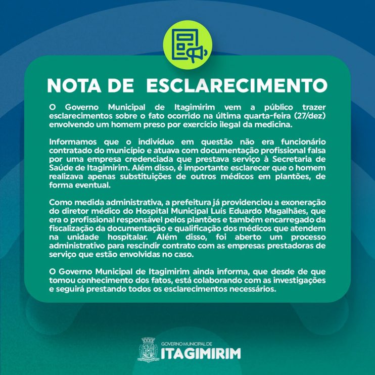 Prefeitura de Itagimirim publica nota de esclarecimento sobre caso de homem preso por exercício ilegal da medicina 4