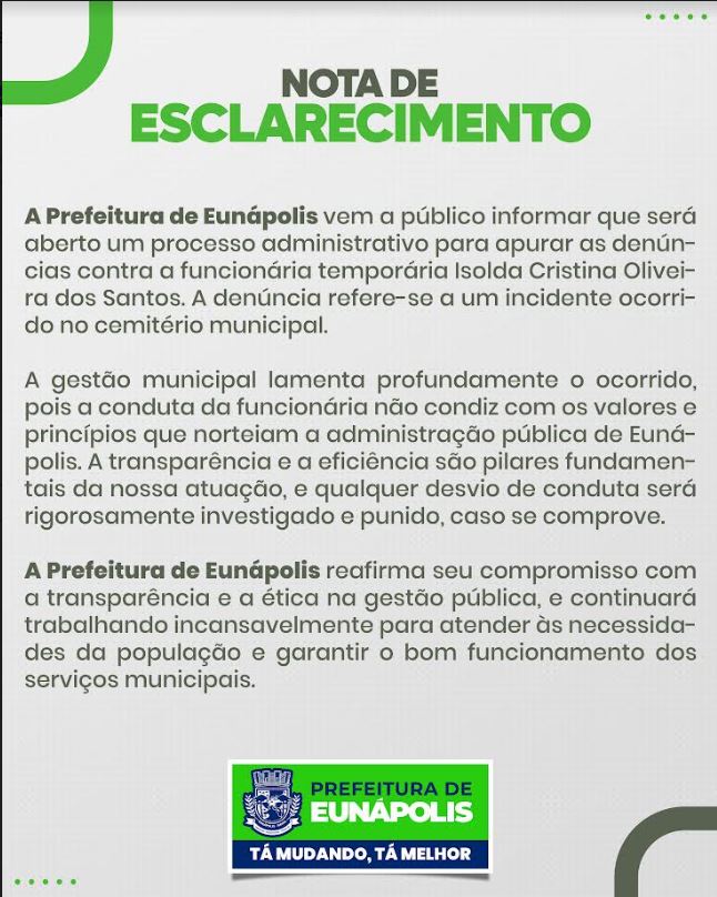 Prefeitura de Eunápolis esclarece incidente no cemitério municipal envolvendo servidora pública 5