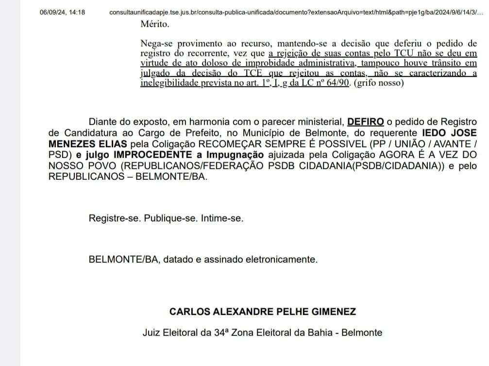 Justiça Eleitoral rejeita pedido de impugnação e confirma a candidatura de Iêdo Elias para Prefeito em Belmonte 5