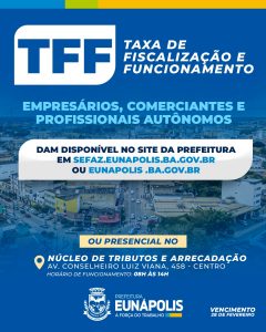 Taxa de Fiscalização e Funcionamento (TFF) já está disponível para pagamento em Eunápolis 2