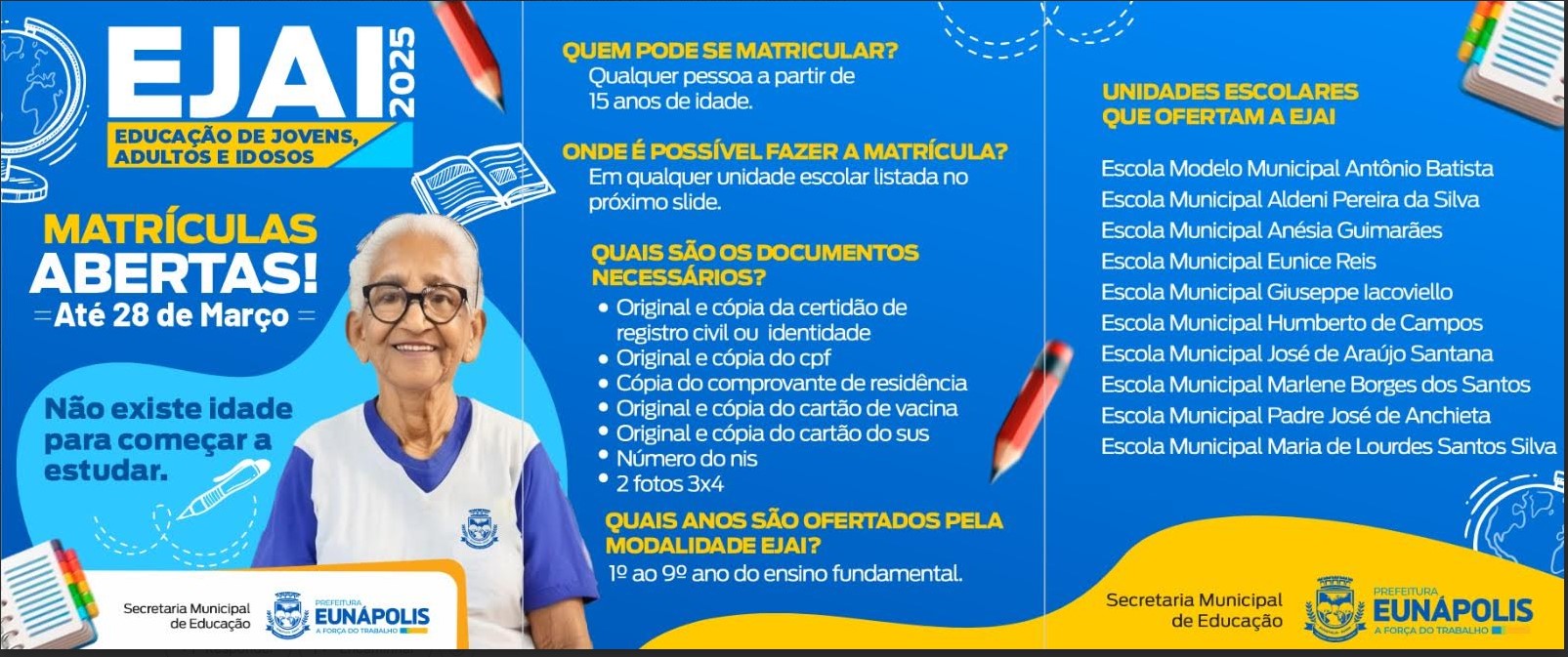 Jovens, adultos e idosos que desejam concluir os estudos podem se matricular até 28 de março na rede municipal de ensino 5